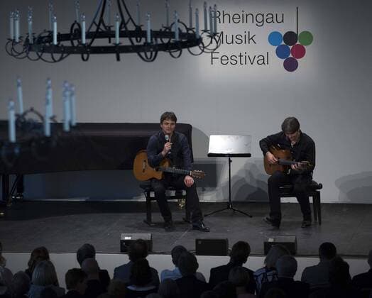 GEISENHEIM, July 6, 2016 -- Hungarian guitar duo The Katona Twins , comprising Peter and Zoltan Katona, perform during the Rheingau Music Festival in Schloss Johannisberg in Geisenheim, Germany, on July 6, 2016. The 29th Rheingau Music Festival is held here from June 18 to August 27. ) GERMANY-GEISENHEIM-RHEINGAU MUSIC FESTIVAL LuoxHuanhuan 