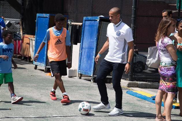 Mayor de Blasio & NYCFC soccer initiative The Bronx, New York: Mayor Bill de Blasio, U.S. Soccer foundation, NYC Football club and Adidas launch NYC soccer initiative- bringing 50 new soccer fields to under served neighborhoods. Soccer players Frank Lampard, Patrick Vieira, Jason Hernandez and David Villa participated in playing soccer with children in the Bronx.  LouisexWateridge