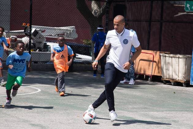 Mayor de Blasio & NYCFC soccer initiative The Bronx, New York: Mayor Bill de Blasio, U.S. Soccer foundation, NYC Football club and Adidas launch NYC soccer initiative- bringing 50 new soccer fields to under served neighborhoods. Soccer players Frank Lampard, Patrick Vieira, Jason Hernandez and David Villa participated in playing soccer with children in the Bronx.  LouisexWateridge