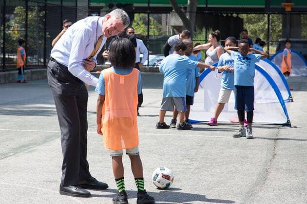 Mayor de Blasio & NYCFC soccer initiative The Bronx, New York: Mayor Bill de Blasio, U.S. Soccer foundation, NYC Football club and Adidas launch NYC soccer initiative- bringing 50 new soccer fields to under served neighborhoods. Soccer players Frank Lampard, Patrick Vieira, Jason Hernandez and David Villa participated in playing soccer with children in the Bronx.  LouisexWateridge