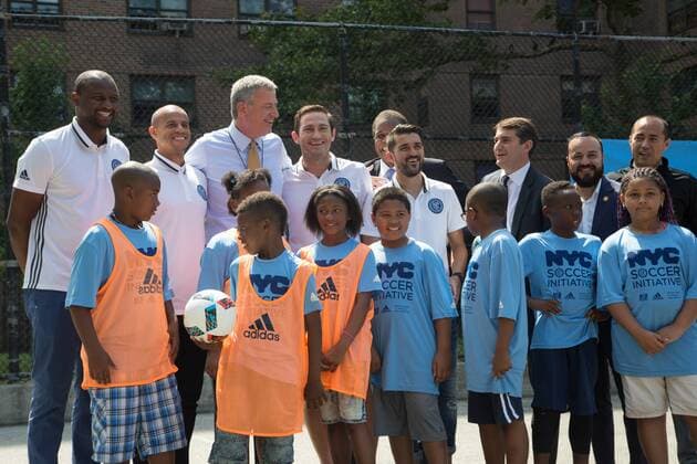 Mayor de Blasio & NYCFC soccer initiative The Bronx, New York: Mayor Bill de Blasio, U.S. Soccer foundation, NYC Football club and Adidas launch NYC soccer initiative- bringing 50 new soccer fields to under served neighborhoods. Soccer players Frank Lampard, Patrick Vieira, Jason Hernandez and David Villa participated in playing soccer with children in the Bronx.  LouisexWateridge