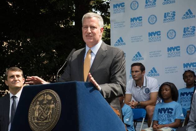Mayor de Blasio & NYCFC soccer initiative The Bronx, New York: Mayor Bill de Blasio, U.S. Soccer foundation, NYC Football club and Adidas launch NYC soccer initiative- bringing 50 new soccer fields to under served neighborhoods. Soccer players Frank Lampard, Patrick Vieira, Jason Hernandez and David Villa participated in playing soccer with children in the Bronx.  LouisexWateridge