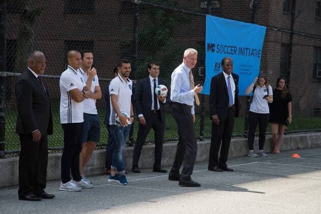 Mayor de Blasio & NYCFC soccer initiative The Bronx, New York: Mayor Bill de Blasio, U.S. Soccer foundation, NYC Football club and Adidas launch NYC soccer initiative- bringing 50 new soccer fields to under served neighborhoods. Soccer players Frank Lampard, Patrick Vieira, Jason Hernandez and David Villa participated in playing soccer with children in the Bronx.  LouisexWateridge