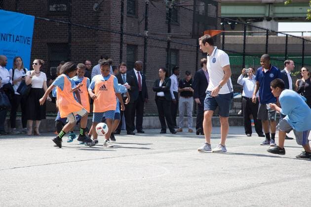 Mayor de Blasio & NYCFC soccer initiative The Bronx, New York: Mayor Bill de Blasio, U.S. Soccer foundation, NYC Football club and Adidas launch NYC soccer initiative- bringing 50 new soccer fields to under served neighborhoods. Soccer players Frank Lampard, Patrick Vieira, Jason Hernandez and David Villa participated in playing soccer with children in the Bronx.  LouisexWateridge