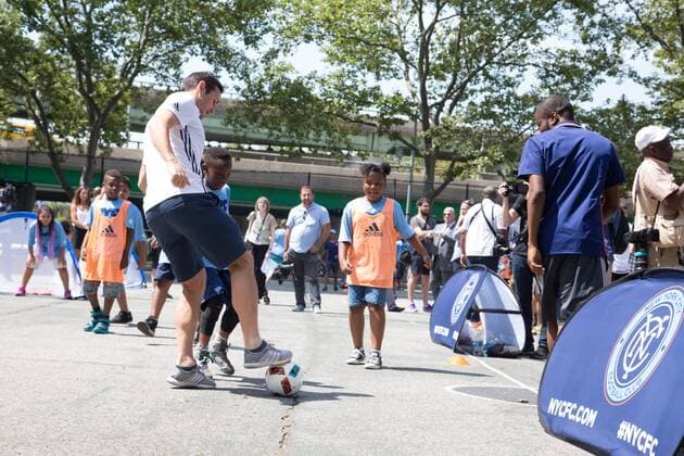 Mayor de Blasio & NYCFC soccer initiative The Bronx, New York: Mayor Bill de Blasio, U.S. Soccer foundation, NYC Football club and Adidas launch NYC soccer initiative- bringing 50 new soccer fields to under served neighborhoods. Soccer players Frank Lampard, Patrick Vieira, Jason Hernandez and David Villa participated in playing soccer with children in the Bronx.  LouisexWateridge