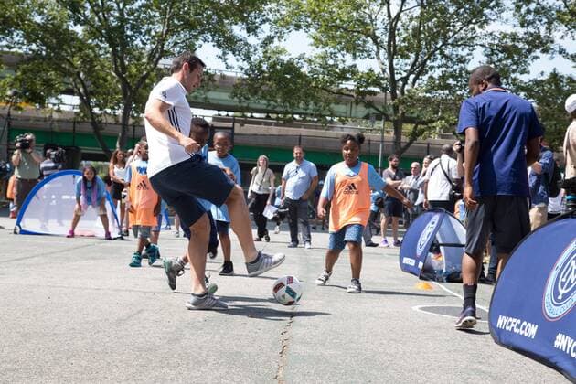 Mayor de Blasio & NYCFC soccer initiative The Bronx, New York: Mayor Bill de Blasio, U.S. Soccer foundation, NYC Football club and Adidas launch NYC soccer initiative- bringing 50 new soccer fields to under served neighborhoods. Soccer players Frank Lampard, Patrick Vieira, Jason Hernandez and David Villa participated in playing soccer with children in the Bronx.  LouisexWateridge