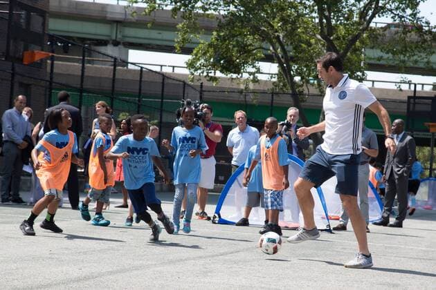 Mayor de Blasio & NYCFC soccer initiative The Bronx, New York: Mayor Bill de Blasio, U.S. Soccer foundation, NYC Football club and Adidas launch NYC soccer initiative- bringing 50 new soccer fields to under served neighborhoods. Soccer players Frank Lampard, Patrick Vieira, Jason Hernandez and David Villa participated in playing soccer with children in the Bronx.  LouisexWateridge