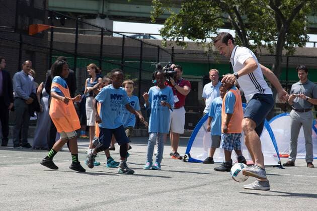 Mayor de Blasio & NYCFC soccer initiative The Bronx, New York: Mayor Bill de Blasio, U.S. Soccer foundation, NYC Football club and Adidas launch NYC soccer initiative- bringing 50 new soccer fields to under served neighborhoods. Soccer players Frank Lampard, Patrick Vieira, Jason Hernandez and David Villa participated in playing soccer with children in the Bronx.  LouisexWateridge