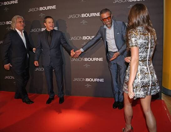(From L to R) Paul Greengrass, Matt Damon, Vincent Cassel and Alicia Vikander attend the French premiere of the film Jason Bourne in Paris on July 12, 2016.  PAR20160712721 DAVIDxSILPA