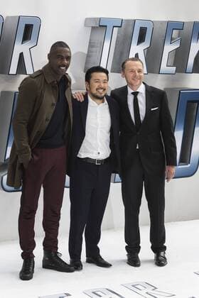 London, UK. 12 July 2016. L-R: Idris Elba, Justin Lin and Simon Pegg. Red carpet arrivals for Star Trek Beyond. Paramount Pictures presents the European Premiere of Star Trek Beyond at the Empire Leicester Square. Star Trek Beyond Premiere, London, UK