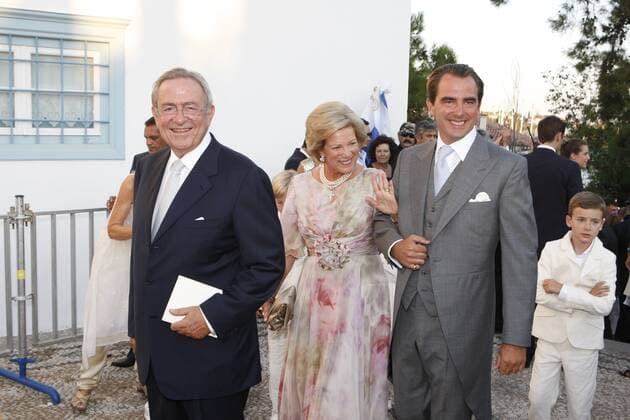 Aug. 25, 2010 - Spetses Island, Greece - The groom Prince Nikolaos of Greece with his parents King Constantine and Queen Anne-Marie of Greece arrive for the wedding with Tatiana Blatnik in Spetses island. - ZUMAv62_