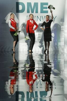 MOSCOW REGION, RUSSIA - JULY 12, 2016: Rusline employees showcase clothes during the 2016 DME Runway fashion show marking International Flight Attendant Day at Domodedovo International Airport. Mikhail Metzel TASS  TS029C6C