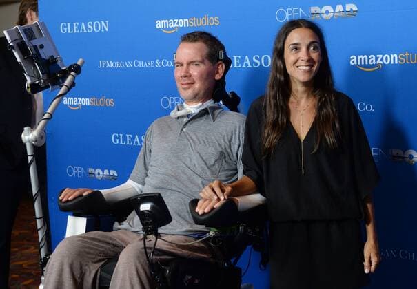 tSeve Gleason (L) and Michel Varisco attend the motion picture documentary Gleason at Regal L.A. Live in Los Angeles on July 14, 2016. Storyline: At the age of 34, Steve Gleason was diagnosed with ALS. Doctors gave the former NFL defensive back and New Orleans hero two to five years to live. So that is what Steve chose to do - LIVE: with purpose, for his newborn son, for his wife, and to help others with his disease.  LAP2016071410 JIMxRUYMEN