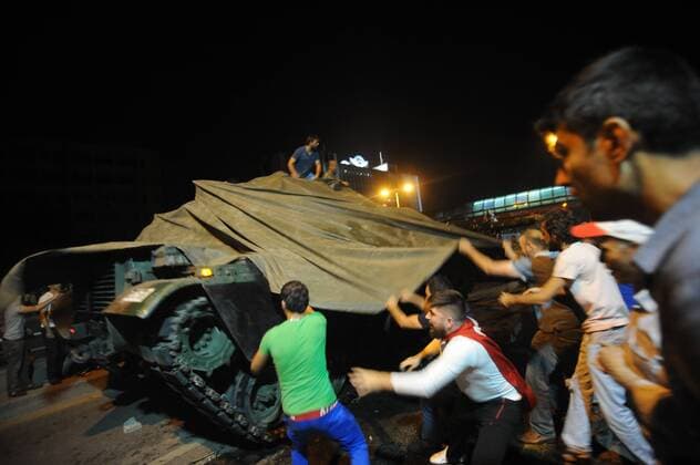 Turkish people protest against the coup in Ankara, Turkey, late Friday, July 15, 2016. Members of Turkey s armed forces said they had taken control of the country, but Turkish officials said the coup attempt had been repelled early Saturday morning in a night of violence, according to state-run media.  15437882