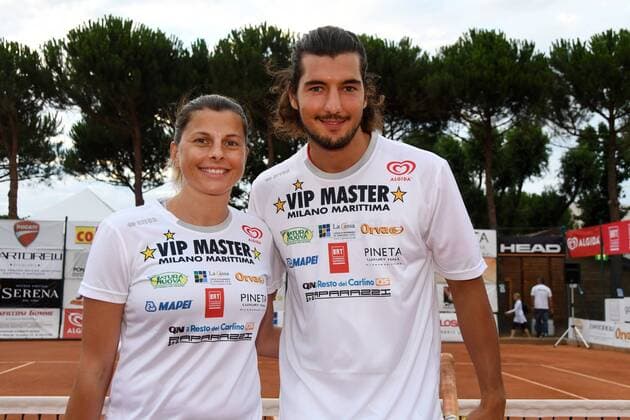 Italien: ViP Master Tennis Foto IPP Venturini, Milano Marittima 15 07 2016, Vip Master Tennis, nella foto: il partecipante all isola dei famosi Andrea Preti con Katia Serri condittrice tv di calcio e e calciatrice -Italy Photo Press World Copyright-  0