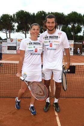Italien: ViP Master Tennis Foto IPP Venturini, Milano Marittima 15 07 2016, Vip Master Tennis, nella foto: il partecipante all isola dei famosi Andrea Preti con Katia Serri condittrice tv di calcio e e calciatrice -Italy Photo Press World Copyright-  0