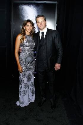 Cast member Matt Damon (R) and his wife Luciana Barroso attend the premiere of the motion picture thriller Jason Bourne at Caesars Palace in Las Vegas, Nevada on July 18, 2016. Storyline: Jason Bourne, now remembering who he truly is, tries to uncover hidden truths about his past.  LAP2016071814 JAMESxATOA