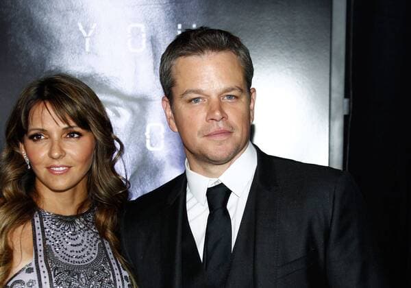 Cast member Matt Damon (R) and his wife Luciana Barroso attend the premiere of the motion picture thriller Jason Bourne at Caesars Palace in Las Vegas, Nevada on July 18, 2016. Storyline: Jason Bourne, now remembering who he truly is, tries to uncover hidden truths about his past.  LAP2016071815 JAMESxATOA