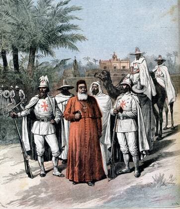 IMAGO History, Ende des afrikanischen Sklavenhandels und die Abschaffung der Sklaverei: 1807-1888 Cardinal Lavigerie (1825-1892) and some of his band of White Fathers who dedicated their lives to the cause of abolition of slave trade in Central Africa. Founded Anti-Slavery Society, 1888. From Le Petit Journal , Paris, 15 December 1891. WHA  !ACHTUNG AUFNAHMEDATUM GESCHÄTZT! Copyright: WHA UnitedArchives0390000394