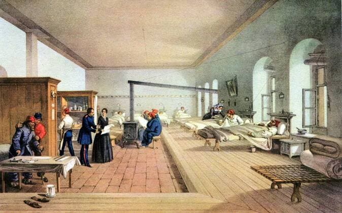 Florence Nightingale (1820-1910) English nursing pioneer and hospital reformer inspecting wards of the military hospital at Scutari during the Crimean War (1853-1856). Patients able to leave bed cluster round a box stove. After lithograph from Simpson Illu WHA  !ACHTUNG AUFNAHMEDATUM GESCHÄTZT! Copyright: WHA UnitedArchives0390001368