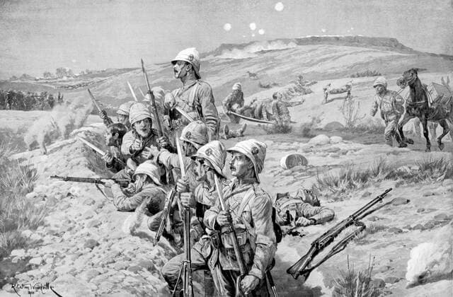 Boer War: Siege of Ladysmith by Boers, 1 November 1899 - 28 February 1900: defending British troops in trenches fixing bayonets in preparation to repel attack. WHA  !ACHTUNG AUFNAHMEDATUM GESCHÄTZT! Copyright: WHA UnitedArchives0390002563
