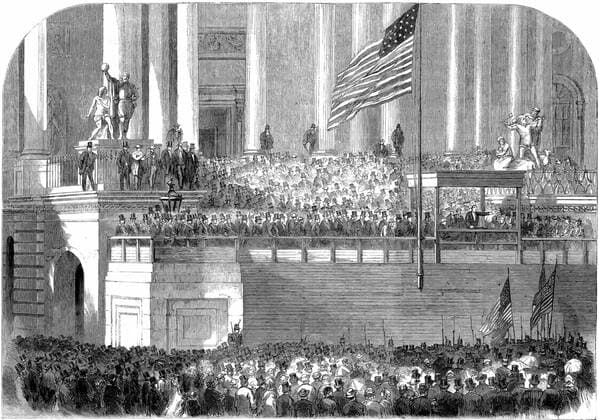 Abraham Lincoln (1809-1865) delivering his inaugural address as President in front of the Capitol, Washington on 4 March 1861. Wood engraving. WHA  !ACHTUNG AUFNAHMEDATUM GESCHÄTZT! Copyright: WHA UnitedArchives0390002612