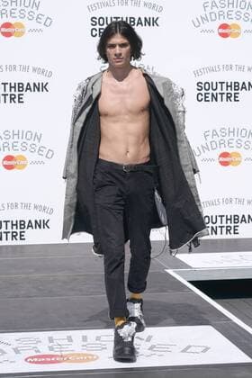 Models wears pieces from Hackney-based charity Fashion Awareness Direct (FAD), with designers Hana Minowa and David Bennie, at the Fashion Undressed Catwalk Show with MasterCard during the Fashion Undressed Bites technology event at the Southbank Centre in London. JULY 23rd 2016  SLIx162421