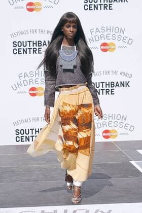 Models wears pieces from Hackney-based charity Fashion Awareness Direct (FAD), with designers Hana Minowa and David Bennie, at the Fashion Undressed Catwalk Show with MasterCard during the Fashion Undressed Bites technology event at the Southbank Centre in London. JULY 23rd 2016  SLIx162421