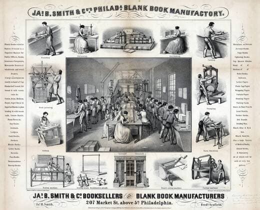 Interior of Jas. B. Smith & Co. Booksellers & Manufacturers, with women and men working and various machines used to make books 1850 USA WorldxHistoryxArchive