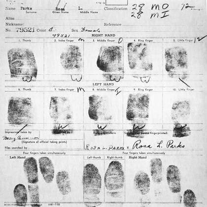 Fingerprint Card of Rosa Parks Civil Case 1147 Browder, et al v. Gayle, et. al; U.S. District Court for Middle District of Alabama, Northern (Montgomery) Division Record Group 21: Records of the District Court of the United States National Archives and Records Administration-Southeast Region, East Point, GA. 1955. Rosa Louise McCauley Parks (1813-2005), American Civil Rights activist was arrested for refusing to move from her seat on a segregated Montgomery bus on 1 December 1955. WHA  !ACHTUNG AUFNAHMEDATUM GESCHÄTZT! Copyright: WHA UnitedArchives012318
