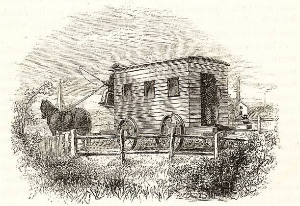 IMAGO History, Die Geburt des Eisenbahnverkehrs: 1802-1830 Experiment , the first passenger railway carriage, built by George Stephenson for the Stockton and Darlington line in 1825. Passengers entered from the back. From Samuel Smiles The Story of the Life of George Stephenson , London, 1859. WHA  !ACHTUNG AUFNAHMEDATUM GESCHÄTZT! Copyright: WHA UnitedArchives012813