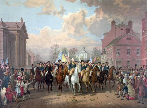 Revolutionary War 1775-1783 (American War of Independence): George Washington riding in triumph through streets of Boston after 11-month siege ended with the withdrawal (evacuation) of British forces. Chromolithograph 1879. WHA  !ACHTUNG AUFNAHMEDATUM GESCHÄTZT! Copyright: WHA UnitedArchives014021