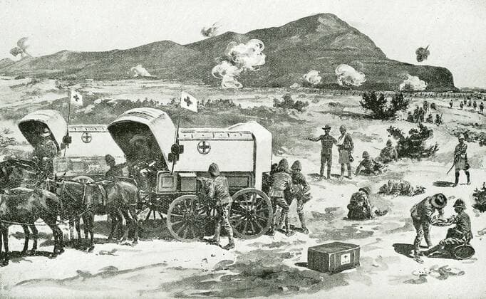 Medical Wagons carrying the Red Cross symbol at the battle of Magersfontein one of three major British defeats during Black Week (Boer War). Lord Methuen, with an army 10,000 strong, had left his camps on the Orange River on 11 November 1899 and begun a march north along the railway towards the besieged town of Kimberley WHA  !ACHTUNG AUFNAHMEDATUM GESCHÄTZT! Copyright: WHA UnitedArchives025136