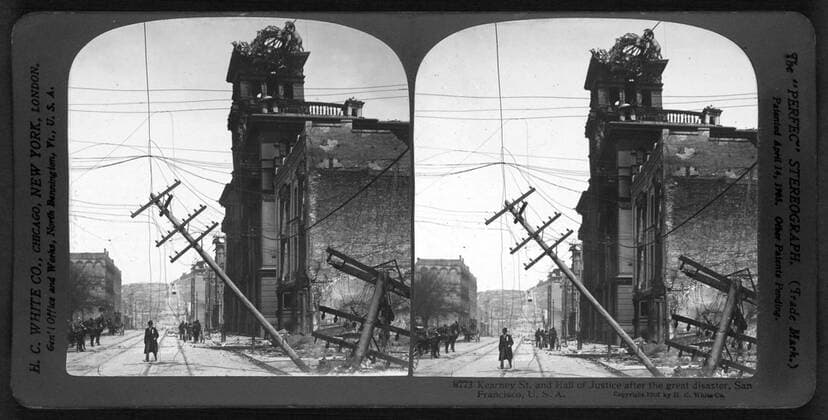 Kearney St. and Hall of Justice after the great disaster, San Francisco, U.S.A. c1907. photographic print on stereo card : stereograph. showing ruins following the earthquake and fire in San Francisco, 1906. WHA  !ACHTUNG AUFNAHMEDATUM GESCHÄTZT! Copyright: WHA UnitedArchives030076