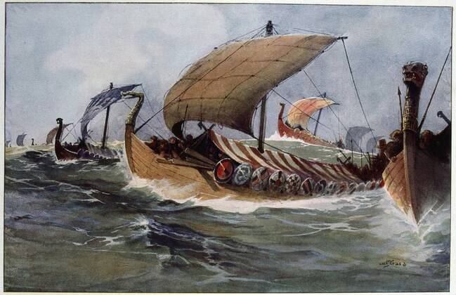 Drakkar. Viking longships under sail. Watercolour by Albert Sebille (1874-1953). WHA  !ACHTUNG AUFNAHMEDATUM GESCHÄTZT! Copyright: WHA UnitedArchives0390003405