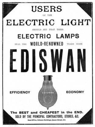 Advertisement for Ediswan incandescent light bulbs, 1898. The Ediswan brand was the result of a merging of the interests of the two pioneers of electric light bulbs, the American Thomas Alva Edison (1847-1931) and the Englishman Joseph Wilson Swan (1828-1914). From The Graphic , (London, 8 April 1898). Engraving WHA  !ACHTUNG AUFNAHMEDATUM GESCHÄTZT! Copyright: WHA UnitedArchives0460000770