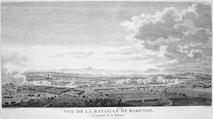 Field of the Battle of Marengo, 14 June 1800 at the moment of victory. French forces under Napoleon defeated Austrians. Engraving. WHA  !ACHTUNG AUFNAHMEDATUM GESCHÄTZT! Copyright: WHA UnitedArchives0510000184
