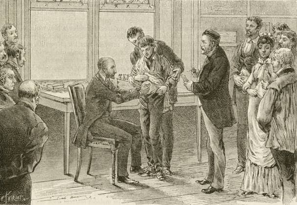 Louis Pasteur (1822-1895) watching as a boy bitten by a rabid dog is inoculated by an injection into the abdomen at the Institut Pasteur, Paris. From La Nature , Paris, 1886.. WHA  !ACHTUNG AUFNAHMEDATUM GESCHÄTZT! Copyright: WHA UnitedArchives0510010031