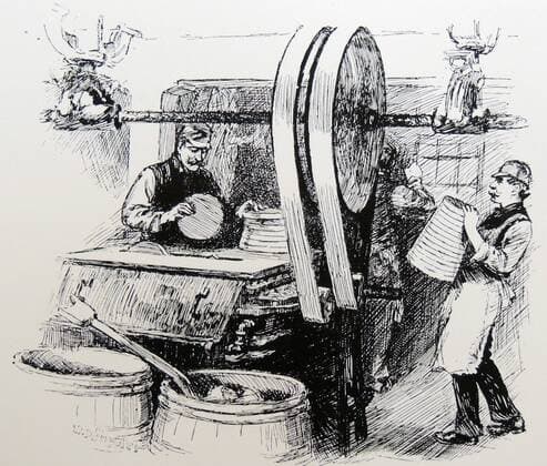 Sawing cones of sugar into lumps for sale by weight rather than by whole cone. Sugar refinery, New York, USA. Engraving, New York, 1886. WHA  !ACHTUNG AUFNAHMEDATUM GESCHÄTZT! Copyright: WHA UnitedArchivesWHA_038_0006