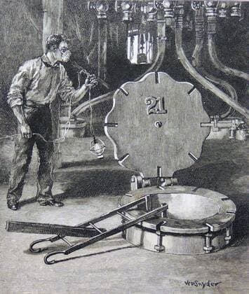 Sugar refinery, New York, USA. Hatch of tank in which sugar syrup was filtered through animal charcoal. Engraving, New York, 1886. WHA  !ACHTUNG AUFNAHMEDATUM GESCHÄTZT! Copyright: WHA UnitedArchivesWHA_038_0010