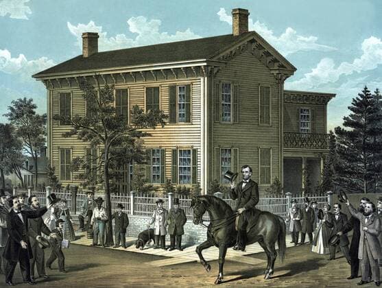 Vintage Civil War print of Abraham Lincoln riding on horseback, as a crowd cheers. It reads, Abraham Lincoln s Return Home, After His Successful Campaign For The Presidency Of The United States, In October, 1860.  Copyright: JohnxParrot StocktrekxImages JPA101190M