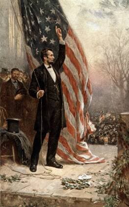 Abraham Lincoln, standing, full-length, facing right, holding rope of flag. dated 1908 WHA  !ACHTUNG AUFNAHMEDATUM GESCHÄTZT! Copyright: WHA UnitedArchivesWHA_045_0175
