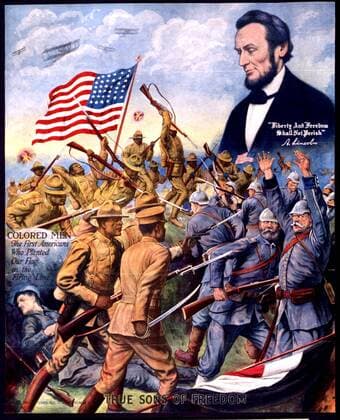 True sons of freedom. African American soldiers fighting German soldiers in World War I, and a head-and-shoulders portrait of Abraham Lincoln above. WHA  !ACHTUNG AUFNAHMEDATUM GESCHÄTZT! Copyright: WHA UnitedArchivesWHA_046_0164
