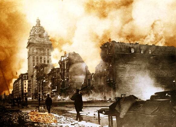 Colour photograph documents the aftermath destruction of the Great San Francisco Earthquake. Dated 1906 WHA  !ACHTUNG AUFNAHMEDATUM GESCHÄTZT! Copyright: WHA UnitedArchivesWHA_047_0467