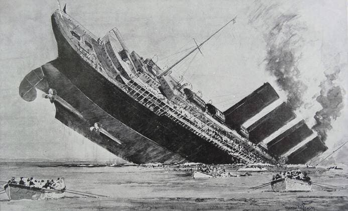 RMS Lusitania was a British ocean liner; holder of the Blue Riband and briefly the world s biggest ship. She was launched by the Cunard Line in 1906; at a time of fierce competition for the North Atlantic trade. In 1915 she was torpedoed and sunk by a German U-boat; causing the deaths of 1;198 passengers and crew WHA  !ACHTUNG AUFNAHMEDATUM GESCHÄTZT! Copyright: WHA UnitedArchivesWHA_049_0014