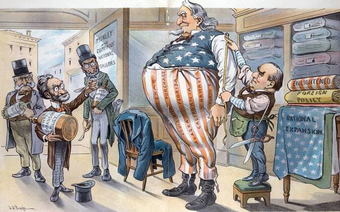 Declined with thanks A huge Uncle Sam getting a new outfit made at the McKinley and Company National Tailors with President McKinley taking the measurements. Carl Schurz, Joseph Pulitzer, and Oswald Ottendorfer stand inside the entrance to the shop and Schurz is offering Uncle Sam a spoonful of Anti-Expansion Policy medicine, a bottle of which each is carrying. On the right are bolts of cloth labelled Enlightened Foreign Policy and Rational Expansion. The strips on Uncle Sam s trousers are labelled Texas, Louisiana Purchase, Alaska, Florida, California, Hawaii, and Porto Rico. WHA  !ACHTUNG AUFNAHMEDATUM GESCHÄTZT! Copyright: WHA UnitedArchivesWHA_050_0089