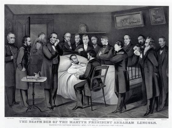 The death bed of the martyr President Abraham Lincoln. 18 people gathered around Lincoln when he died. Abraham Lincoln was the 16th President of the United States and led the country through the Civil War. WHA  !ACHTUNG AUFNAHMEDATUM GESCHÄTZT! Copyright: WHA UnitedArchivesWHA_050_0134