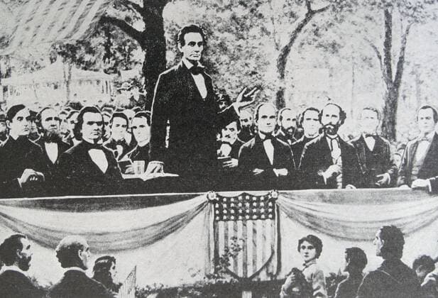 Abraham Lincoln (standing) in one of a series of seven debates regarding slavery with Stephen Douglas (at Lincoln s right), his rival for a seat in the Senate. These debates permitted both candidates to discuss their views on slavery. WHA  !ACHTUNG AUFNAHMEDATUM GESCHÄTZT! Copyright: WHA UnitedArchivesWHA_050_0352