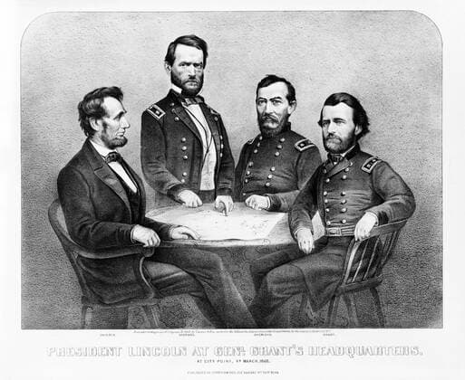 President Lincoln (1809-1865) at Genl. Grant s headquarters. Abraham Lincoln, William Tecumseh Sherman, Philip Henry Sheridan, and Ulysses S. Grant around small table with a map on it. WHA  !ACHTUNG AUFNAHMEDATUM GESCHÄTZT! Copyright: WHA UnitedArchivesWHA_051_0028