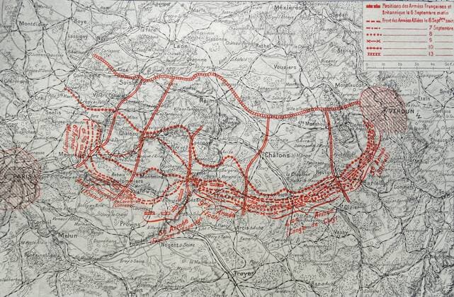 Map depicting the German advance into France after The First Battle of the Marne. Dated 1914 WHA  !ACHTUNG AUFNAHMEDATUM GESCHÄTZT! Copyright: WHA UnitedArchivesWHA_055_0051